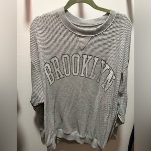 Aerie Oversized Waffle Crew Neck Sweatshirt Grey w/ Brooklyn